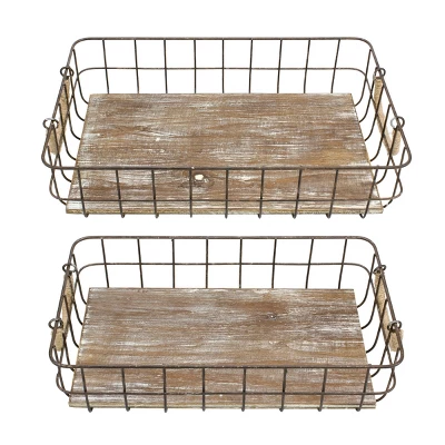 2pc Rectangle Rustic Wood And Metal Basket Set Brown - Stonebriar Collection 1 2pc Rectangle Rustic Wood And Metal Basket Set Brown - Stonebriar Collection