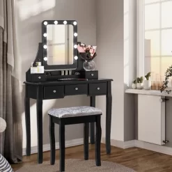 Costway Vanity Dressing Table Set W/ 10 Dimmable Bulbs Touch Switch Cushion Stool WhiteBlackBrown -Cozy Living Deals Store GUEST 01732e71 7a7b 4064 a9ac ade602370225