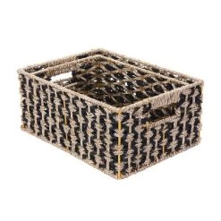 Villacera Rectangle Hand Weaved Wicker Baskets Made Of Water Hyacinth | Nesting Black And Natural Seagrass Bins | Set Of 2