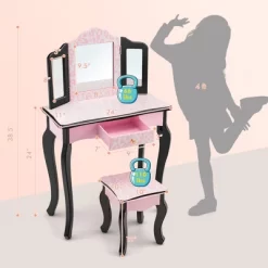 Costway Kid Vanity Set Wooden Makeup Table Stool Tri-Folding Mirror Leopard Print Pink -Cozy Living Deals Store GUEST 070ab720 d125 468e 8893 19391b1b765b