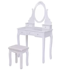 Tangkula Oval Vanity Mirror Dressing Table Beauty Dresser Cosmetics Organizer W/ Cushioned Bench