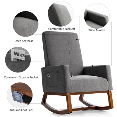 Costway Mid Century Retro Fabric Upholstered Rocking Chair Nursery Armchair Gray 7 Costway Mid Century Retro Fabric Upholstered Rocking Chair Nursery Armchair Gray - Image 7