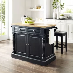 Oxford Kitchen Island With Square Seat Stools Black - Crosley