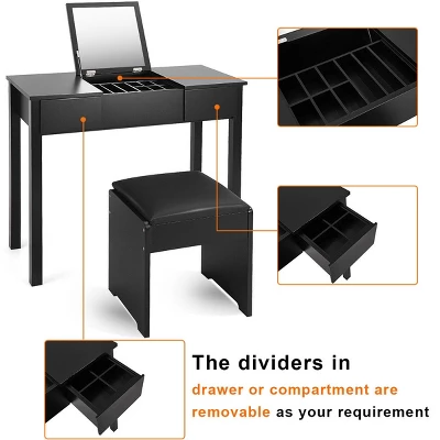 Costway Black Vanity Dressing Table Furniture Stool Storage Box 2 Costway Black Vanity Dressing Table Furniture Stool Storage Box - Image 2