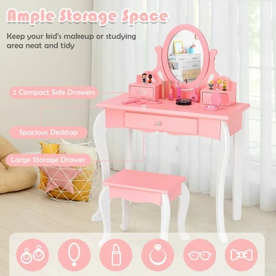 Costway Kids Vanity Princess Makeup Dressing Table Stool Set W/ Mirror Drawer 6 Costway Kids Vanity Princess Makeup Dressing Table Stool Set W/ Mirror Drawer - Image 6