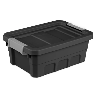 Sterilite 4 Gallon Stackable Rugged Industrial Storage Tote Containers With Latching Clip Lids For Garage, Attic, Or Worksite Storage, Black 1 Sterilite 4 Gallon Stackable Rugged Industrial Storage Tote Containers With Latching Clip Lids For Garage, Attic, Or Worksite Storage, Black