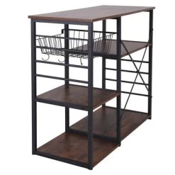 Wood And Metal Bakers Rack With 4 Shelves And Wire Basket Brown/Black - Benzara -Cozy Living Deals Store GUEST 138c4590 ba20 4879 86fe 3e614f8a6f0d
