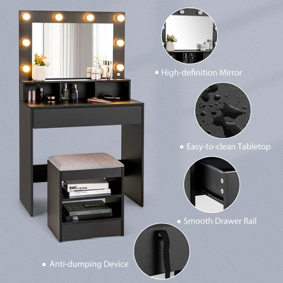 Costway Vanity Table Set With Lighted Mirror 8 LED Bulbs Large Drawer Cushion Stool 5 Costway Vanity Table Set With Lighted Mirror 8 LED Bulbs Large Drawer Cushion Stool - Image 5