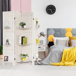Costway 4 Panel Folding Room Divider Screen W/3 Display Shelves 5.6 Ft Tall WhiteNatural -Cozy Living Deals Store GUEST 1ccf1830 a1b1 4909 bd26 162e84f91e96