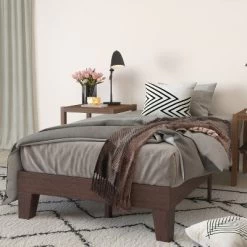 Merrick Lane Eduardo Platform Bed Frame, Solid Wood Platform Bed Frame With Slatted Support, No Box Spring Needed
