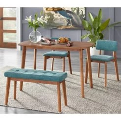 4pc Nettie Mid-Century Modern Dining Set With Bench Walnut/Teal - Buylateral