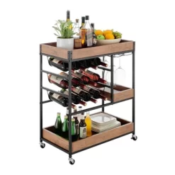 12 Bottles Rustic Walnut Wood And Metal Rolling Farmhouse Style Bar Cart Brown/Black - Danya B. -Cozy Living Deals Store GUEST 1e7d1ef3 6fa5 4919 9b16 5632c904bc45