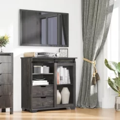 HOMCOM Industrial Sideboard, Freestanding Coffee Bar Cabinet, Buffet Cabinet With 2 Drawers, 2 Shelves & Metal Mesh Door, Dark Brown/Black