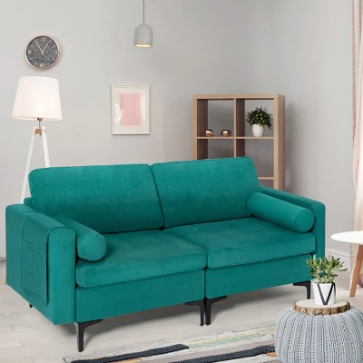Costway Modern Loveseat 2-Seat Sofa Couch W/ 2 Bolsters Side Storage Pocket Teal 1 Costway Modern Loveseat 2-Seat Sofa Couch W/ 2 Bolsters Side Storage Pocket Teal