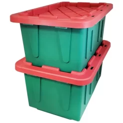 HOMZ 4415MXDC.02 Durabilt 15 Gallon Heavy Duty Impact Resistant Stackable Holiday Storage Tote With Snap-Fit Lid, Green/Red (4 Pack)
