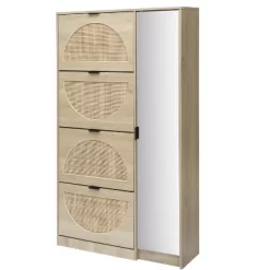 Arina 63.9'' H X 37'' W X 9.45'' D Farmhouse Natural Rattan Shoe Cabinet For 16 Pairs Design Mirror With 4 Flip Down Drawers - The Pop Maison -Cozy Living Deals Store GUEST 25eafb05 f010 4bdc a2f3 25be29708a5a