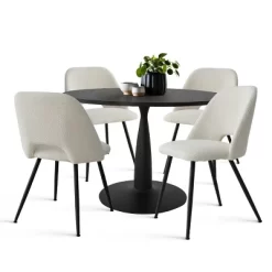 Haven+Edwin 5-Piece Black Round-Shaped Dining Table Set With 4 Upholstered Bouclé Fabric Dining Chair With Black Legs-The Pop Maison