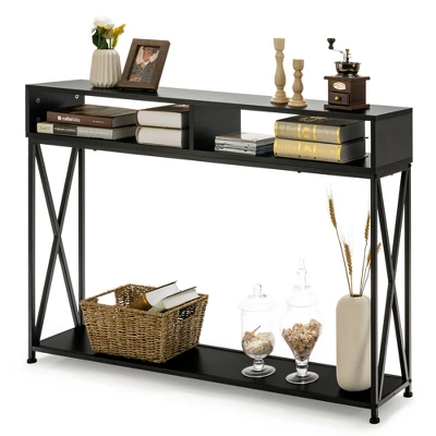 Costway Steel Frame Console Table With Open Shelf And Storage Compartments Black 7 Costway Steel Frame Console Table With Open Shelf And Storage Compartments Black - Image 7