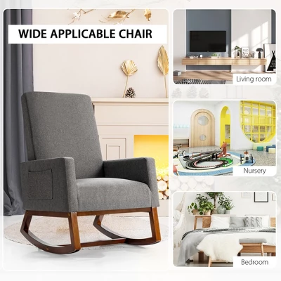 Costway Mid Century Retro Fabric Upholstered Rocking Chair Nursery Armchair Gray 3 Costway Mid Century Retro Fabric Upholstered Rocking Chair Nursery Armchair Gray - Image 3