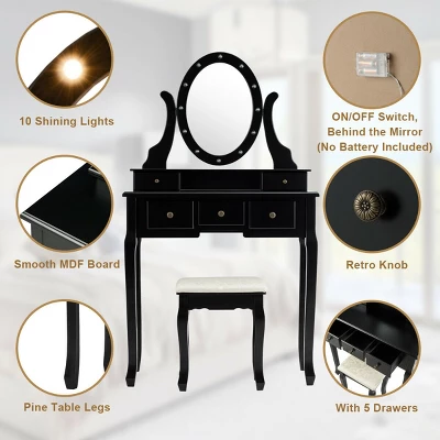 Costway Vanity Set Makeup Dressing Table W/5 Drawers 12 LED Bulb Black 8 Costway Vanity Set Makeup Dressing Table W/5 Drawers 12 LED Bulb Black - Image 8