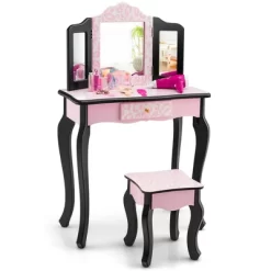 Costway Kid Vanity Set Wooden Makeup Table Stool Tri-Folding Mirror Leopard Print Pink -Cozy Living Deals Store GUEST 31447d76 e144 432d 9814 817cac7d5f6f