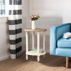 LuxenHome White And Natural Wood Round Accent Side Table With Storage. -Cozy Living Deals Store GUEST 3207f70f 3a1b 4990 92fe 8206e7cc44c9