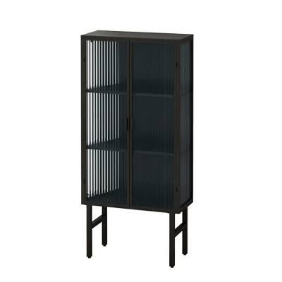 61.61" High Contemporary Glass Door Cabinet With Two Levels Of Storage, Black - ModernLuxe 4 61.61" High Contemporary Glass Door Cabinet With Two Levels Of Storage, Black - ModernLuxe - Image 4