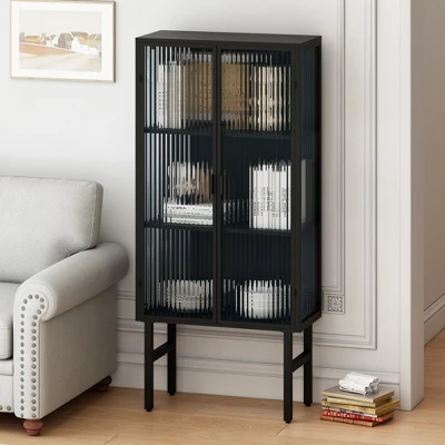 61.61" High Contemporary Glass Door Cabinet With Two Levels Of Storage, Black - ModernLuxe 1 61.61" High Contemporary Glass Door Cabinet With Two Levels Of Storage, Black - ModernLuxe