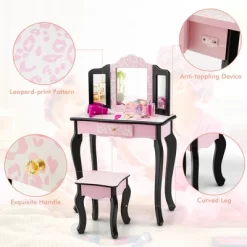 Costway Kid Vanity Set Wooden Makeup Table Stool Tri-Folding Mirror Leopard Print Pink -Cozy Living Deals Store GUEST 36f1909f a3a9 47f8 9274 61a7cf5e8865