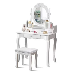 Costway White Vanity Wood Makeup Dressing Table Stool 3 Drawer -Cozy Living Deals Store GUEST 3988ca20 7007 4b83 b59c 11aeaabc9d12