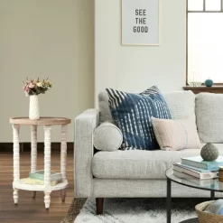 LuxenHome White And Natural Wood Round Accent Side Table With Storage. -Cozy Living Deals Store GUEST 39d68126 5417 4fd5 b7f2 1df0d66cef11