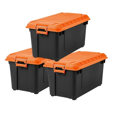 IRIS 3pk 82 Qt Store-it-All Container Black With Orange Lids And Buckles 1 IRIS 3pk 82 Qt Store-it-All Container Black With Orange Lids And Buckles