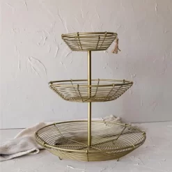 3-Tiered Basket Riser Brass Metal With Jute Tassel By Foreside Home & Garden