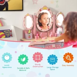 Costway Kids Vanity Princess Makeup Dressing Table Chair Set W/ Tri-fold Mirror Pink -Cozy Living Deals Store GUEST 3e418062 a20c 4a4b 872e fbd6654df73b