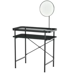 HOMCOM Modern Glasstop Vanity Table With Mirror, Makeup Dressing Table With Rotating Round Mirror, Shelves For Perfumes, Cosmetics, Lotions, Black -Cozy Living Deals Store GUEST 3ea758db fa3f 48bf bfca f76e5dd7a4fb