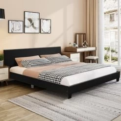 Costway Queen Upholstered Platform Bed Frame With Linen/PU Headboard Wood Slat Gray/Black