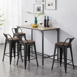 Yaheetech 24" Low Back Metal Counter Height Bar Stools With Wood Seat & Footrest, Set Of 4