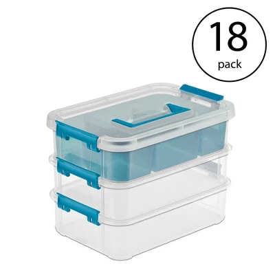 Sterilite Convenient Small Home 3-Tiered Layer Stacking Carry Storage Box With Colored Accent Secure Latches, Clear (18 Pack) 1 Sterilite Convenient Small Home 3-Tiered Layer Stacking Carry Storage Box With Colored Accent Secure Latches, Clear (18 Pack)