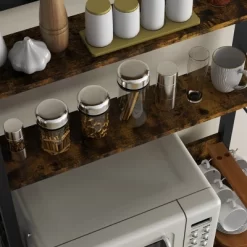 HOMCOM Kitchen Bakers Rack, Microwave Stand, Coffee Bar With Adjustable Shelves, 4 Hooks For Spices, Pots And Pans, Rustic Brown -Cozy Living Deals Store GUEST 44be7c40 2da8 4784 bb0c 5f6014b9af81