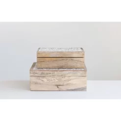 Set Of 2 Decorative Hand Crafted Whitewashed Mango Wood Boxs Natural - Storied Home