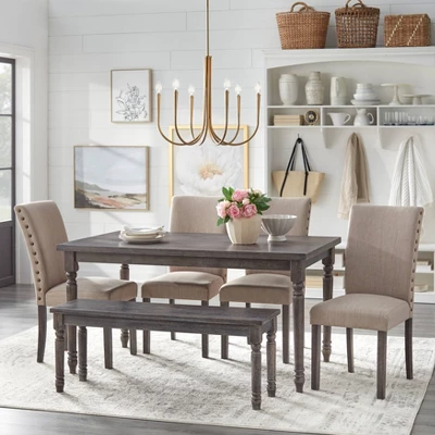 6pc Burntwood Parson Dining Set With Bench Weathered Gray - Buylateral 1 6pc Burntwood Parson Dining Set With Bench Weathered Gray - Buylateral