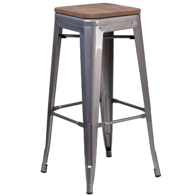 Merrick Lane Clear Coated Gray Metal Bar Counter Stool With Textured Walnut Elm Wood Seat 3 Merrick Lane Clear Coated Gray Metal Bar Counter Stool With Textured Walnut Elm Wood Seat - Image 3