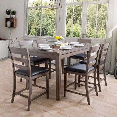 7pc New York Counter Height Wood Dining Set Washed Gray - CorLiving 1 7pc New York Counter Height Wood Dining Set Washed Gray - CorLiving