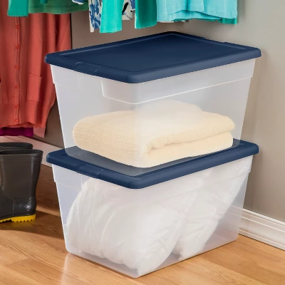 Sterilite Stackable 56 Quart Clear Home Storage Box With Handles And Marine Blue Lid For Efficient, Space Saving Storage And Organization (16 Pack) 2 Sterilite Stackable 56 Quart Clear Home Storage Box With Handles And Marine Blue Lid For Efficient, Space Saving Storage And Organization (16 Pack) - Image 2