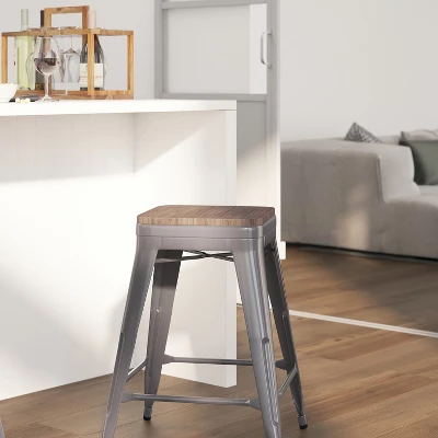 Merrick Lane Clear Coated Gray Metal Bar Counter Stool With Textured Walnut Elm Wood Seat 2 Merrick Lane Clear Coated Gray Metal Bar Counter Stool With Textured Walnut Elm Wood Seat - Image 2