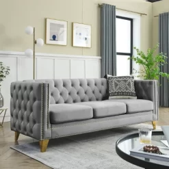 Living Room Modern Velvet Sofa With Button Tufted Square Arms And Metal Legs - ModernLuxe -Cozy Living Deals Store GUEST 5208e92b e0fd 4fa7 961e bb463519b727