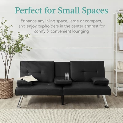 Best Choice Products Modern Faux Leather Convertible Futon Sofa W/ Removable Armrests, Metal Legs, 2 Cupholders 5 Best Choice Products Modern Faux Leather Convertible Futon Sofa W/ Removable Armrests, Metal Legs, 2 Cupholders - Image 5