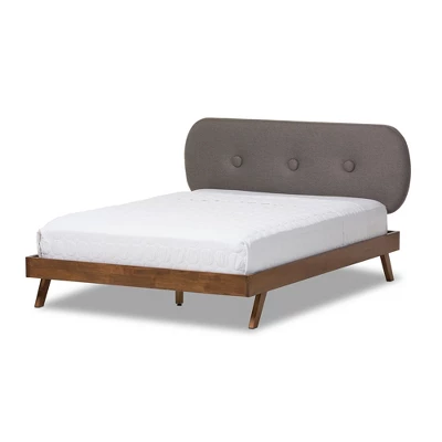 Penelope Mid-Century Modern Solid Wood And Fabric Upholstered Platform Bed Gray/Walnut Brown - Baxton Studio 1 Penelope Mid-Century Modern Solid Wood And Fabric Upholstered Platform Bed Gray/Walnut Brown - Baxton Studio