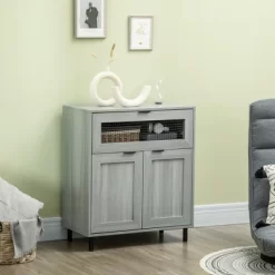 HOMCOM Industrial Buffet Cabinet, Kitchen Sideboard With Metal Grid Flip Drawer, 2-Tier Cabinet, Adjustable Shelf For Living Room, Dining Room, Gray