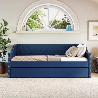 Twin Nova Faux Leather Upholstered Sofa Daybed With Trundle Blue - Eco Dream 2 Twin Nova Faux Leather Upholstered Sofa Daybed With Trundle Blue - Eco Dream - Image 2